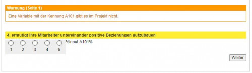 Ich wollte eine Tabelle anlegen, die mir je Zeile eine Aussage, eine Skala und ein Eingabefeld liefert, so dass die Versuchsperson eine Situation beschreiben kann, die ihre Bewertung auf der Skala erklärt. Ich erhalte untenstehende Fehlermeldung. Das Texteingabefeld wird nicht erkannt. was mache ich da falsch.