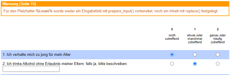 So schaut die Frage und die Fehlermeldung in der Testversion aus.